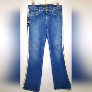 Hudson Jeans size 29- Low rise Blue Flare Wide Leg with White Stripe- patches